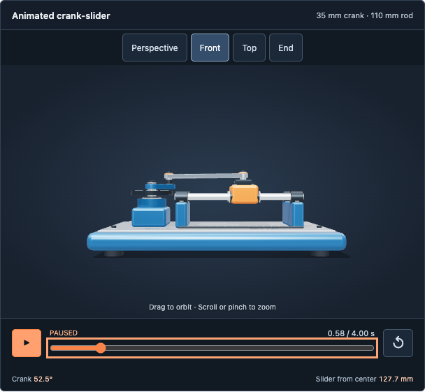 Front view of the delivered crank-slider showing the base, supports, guide, slider and linkage, with the saved animation paused.