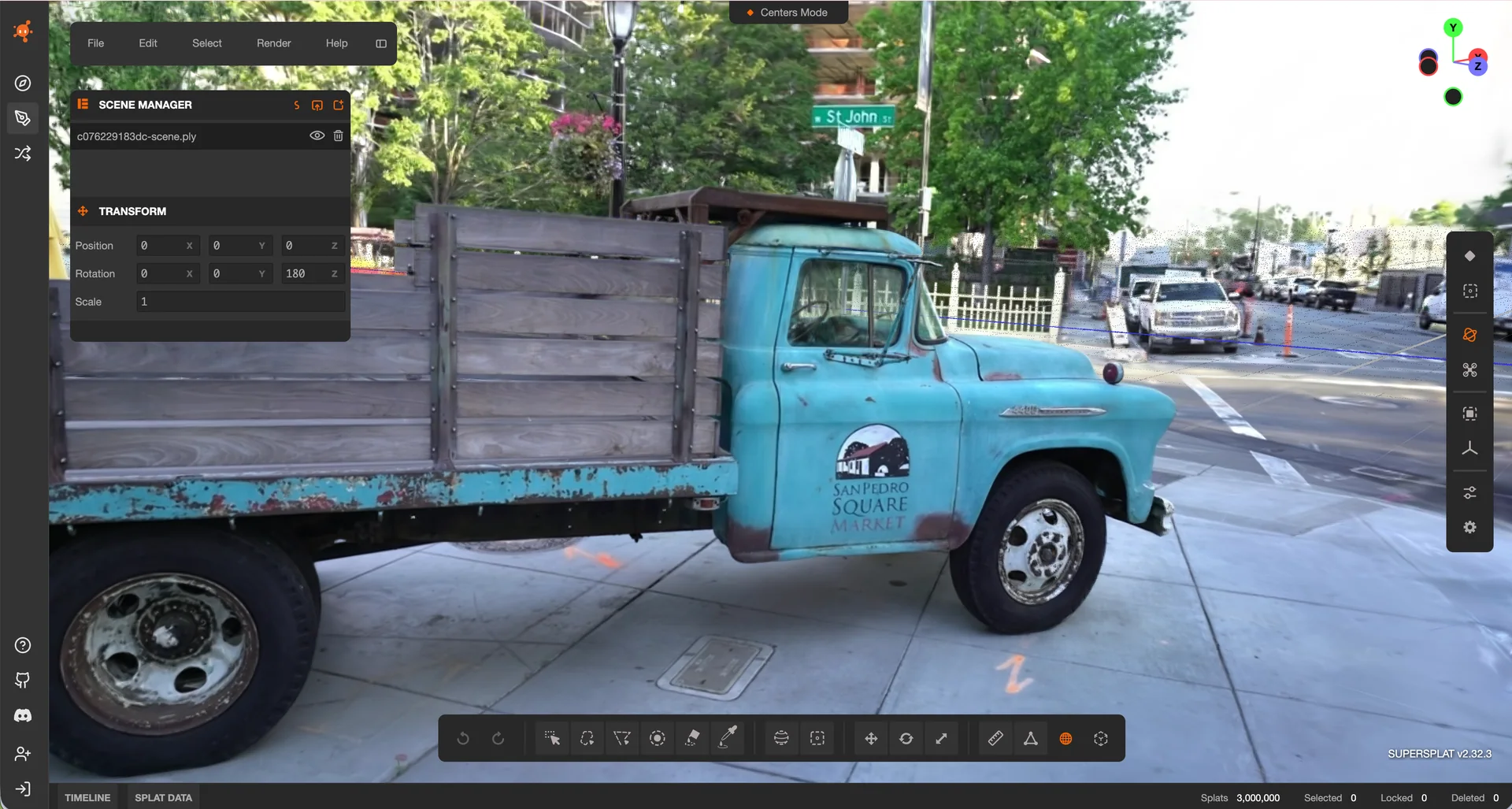 A three-million-Gaussian reconstruction of a blue market truck and the surrounding street, open in the SuperSplat viewer.