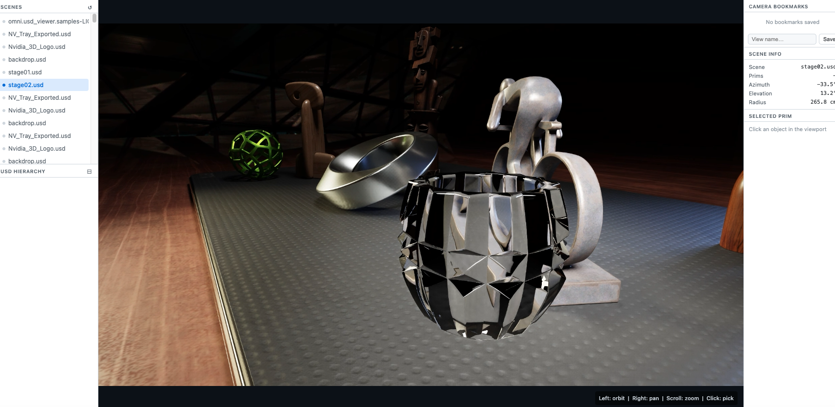 An early version of the browser viewer with a scene list, live RTX viewport, camera bookmarks, scene information and a selected stage.