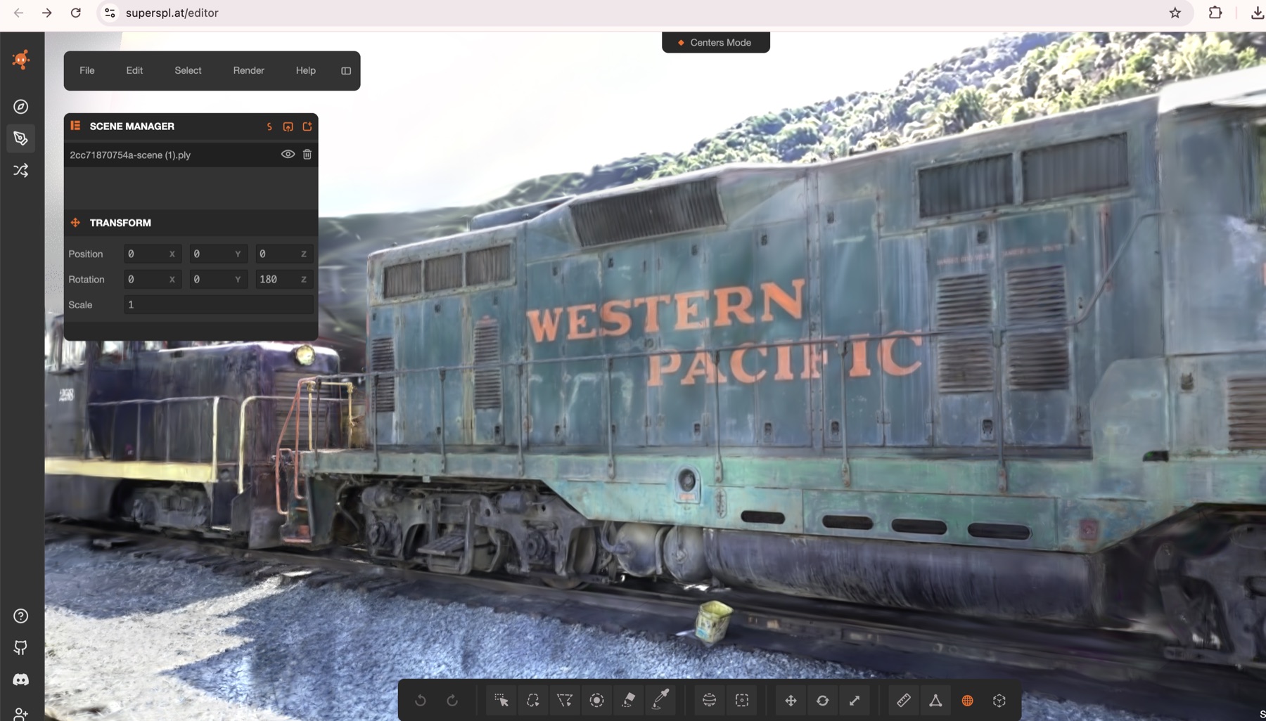 A three-million-Gaussian reconstruction of a Western Pacific locomotive and its surroundings open in the SuperSplat viewer.