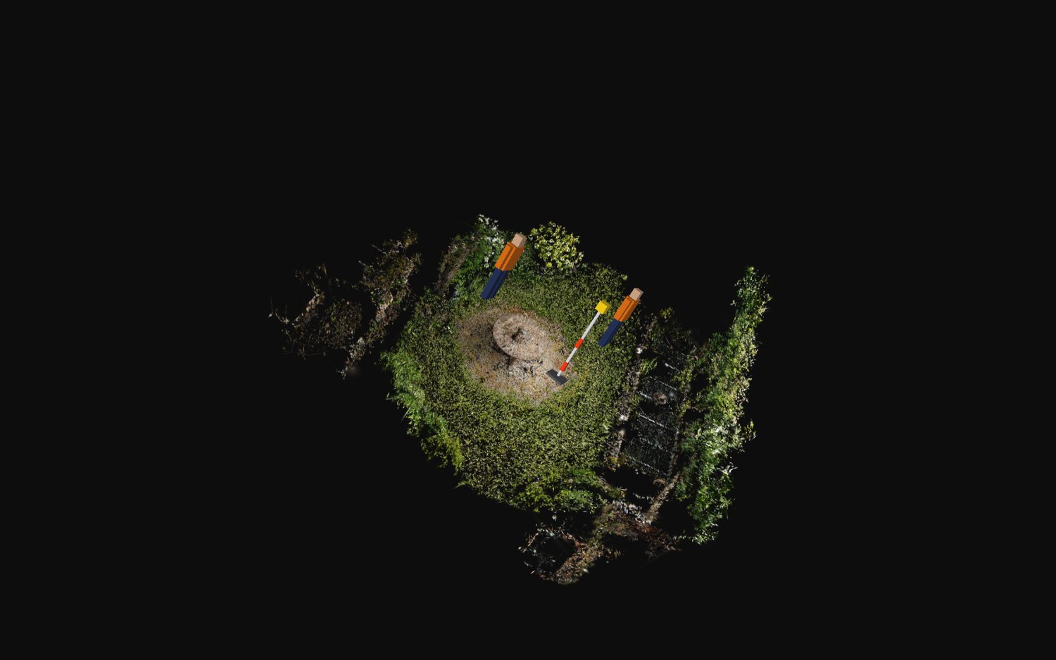 A sampled render read back from the composed OpenUSD Garden stage, showing two person stand-ins and a beacon with the Gaussian capture against a black background.