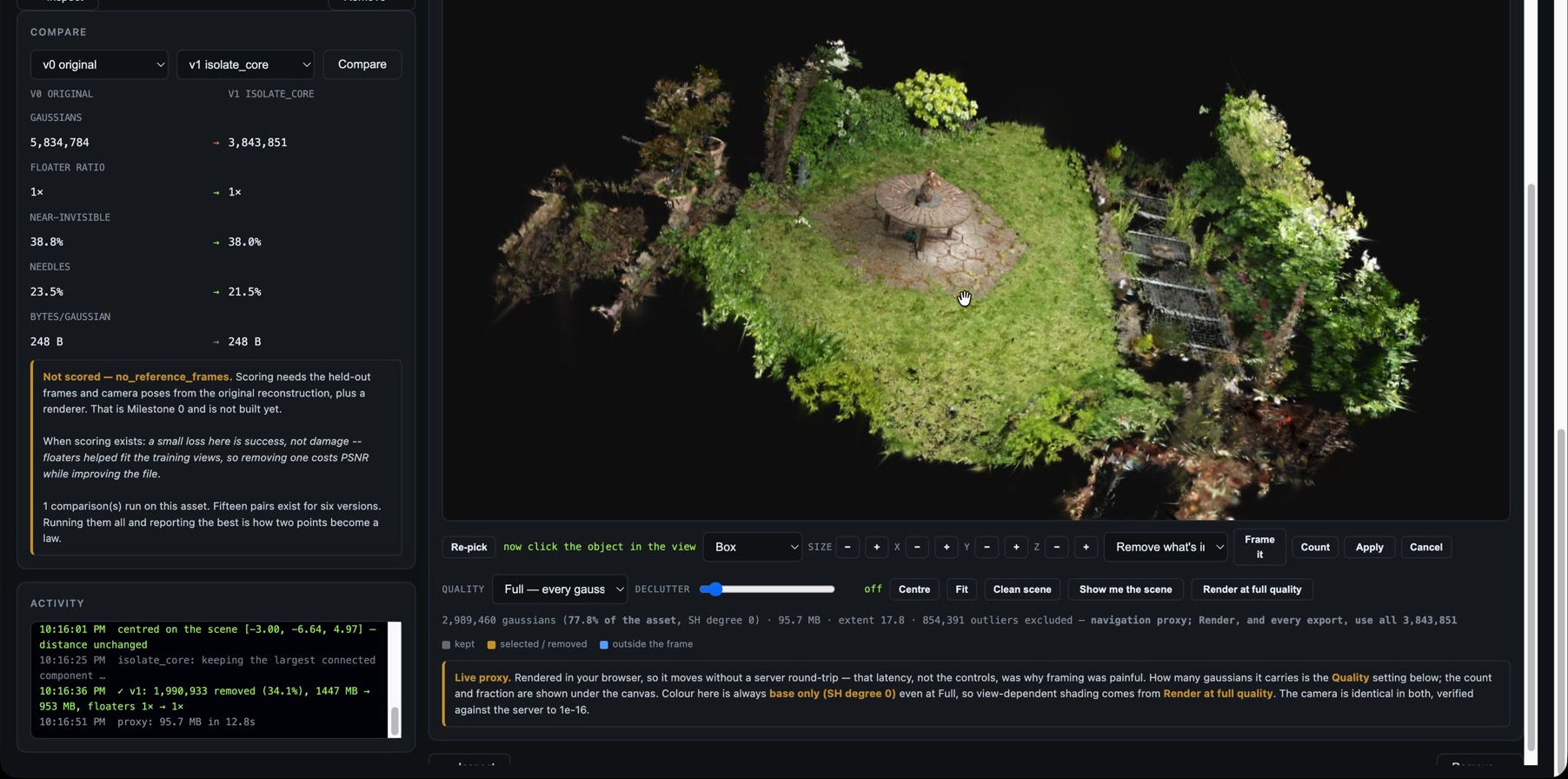 SplatStage Remove step comparing the original and cleaned versions while showing region-selection controls and a live Garden preview before an intentional removal.