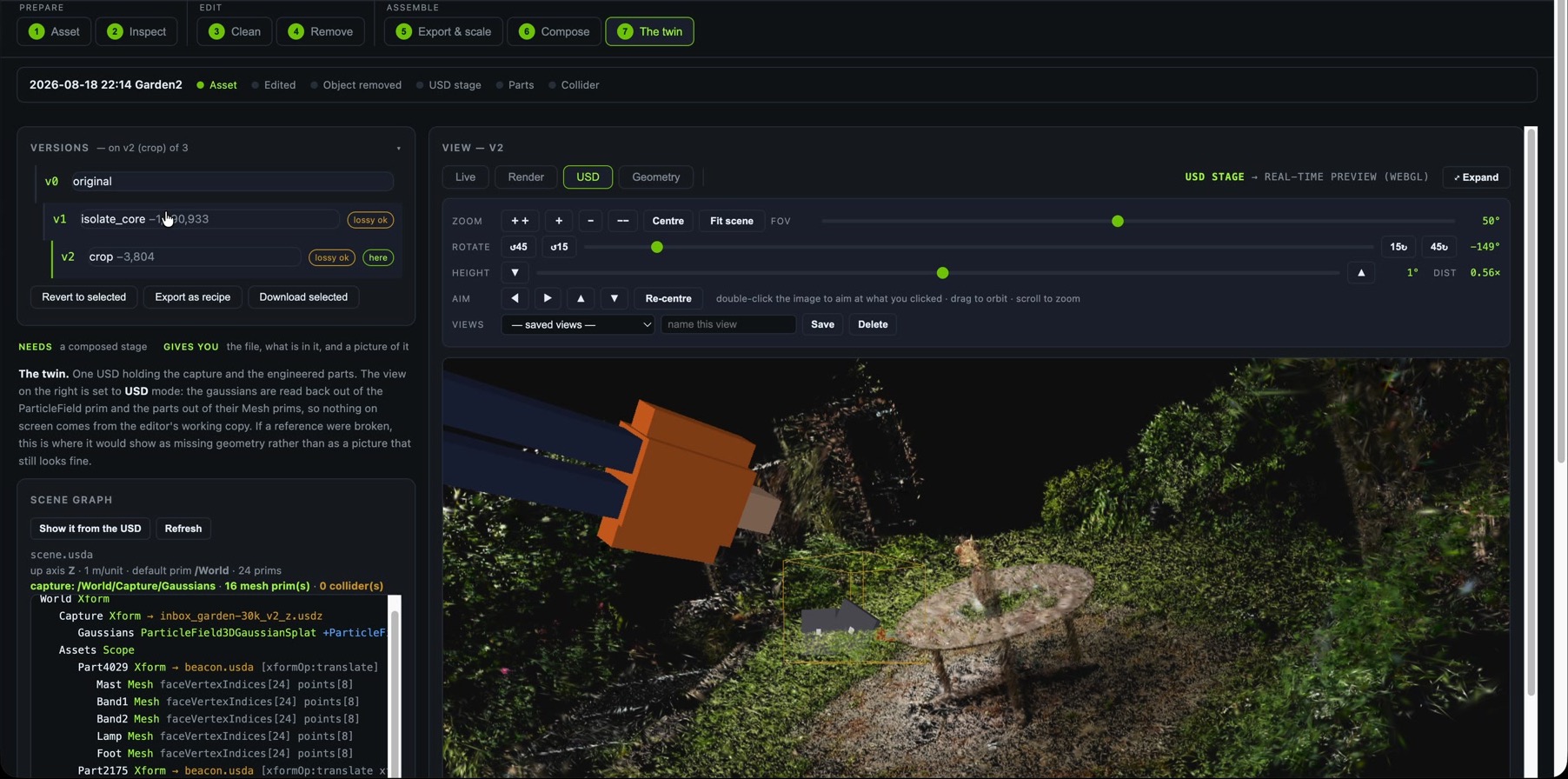 SplatStage final step showing version lineage, USD viewport mode, the OpenUSD scene graph and the composed Garden scene read back from the wrapper stage.